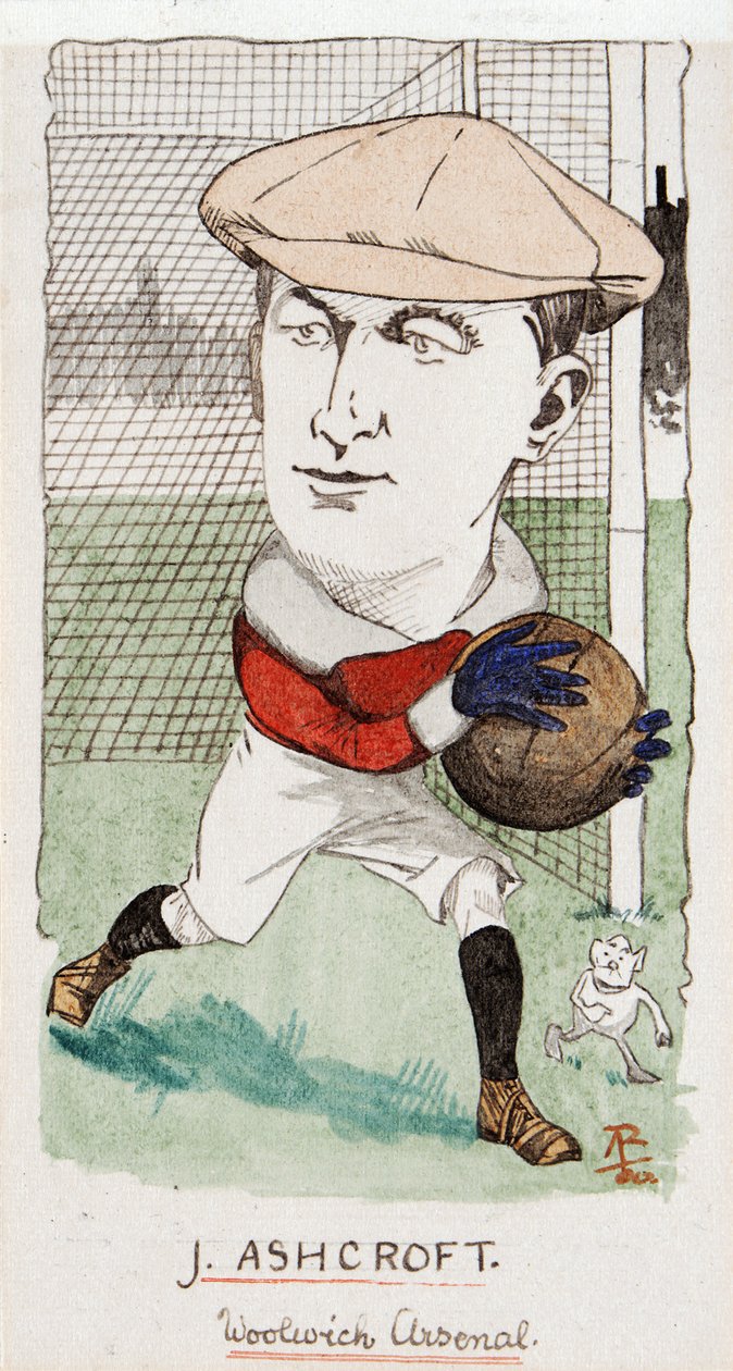Jimmy Ashcroft, Woolwich Arsenal, tegning for et sett med sigarettkort, 1907 (penn og blekk på kort) av Rip