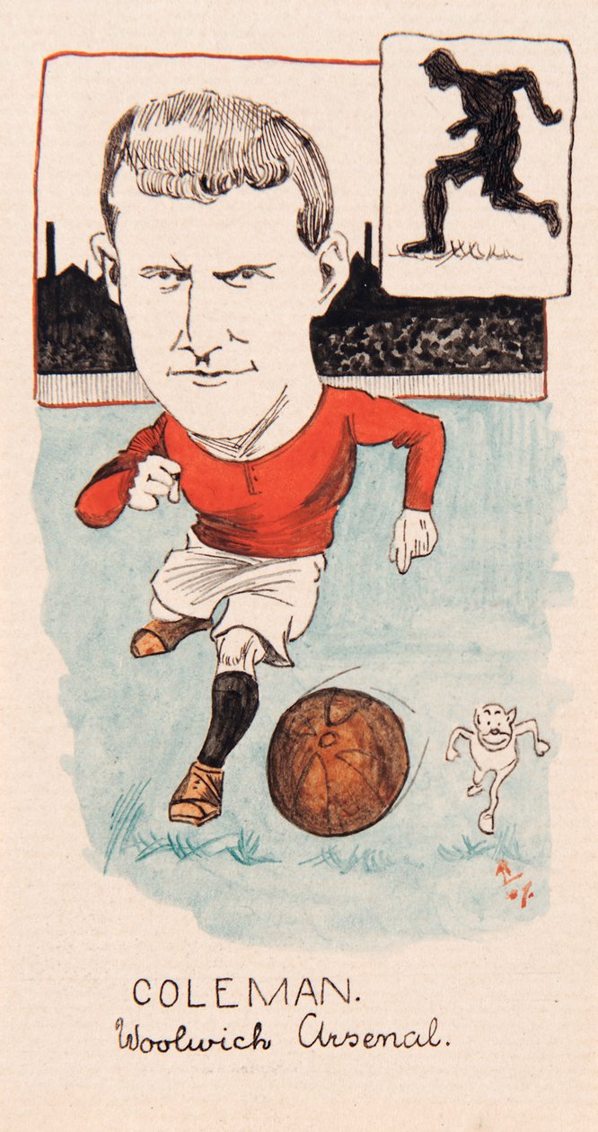 Tim Coleman, Woolwich Arsenal, tegning for et sett med sigarettkort, 1907 (penn og blekk på kort) av Rip