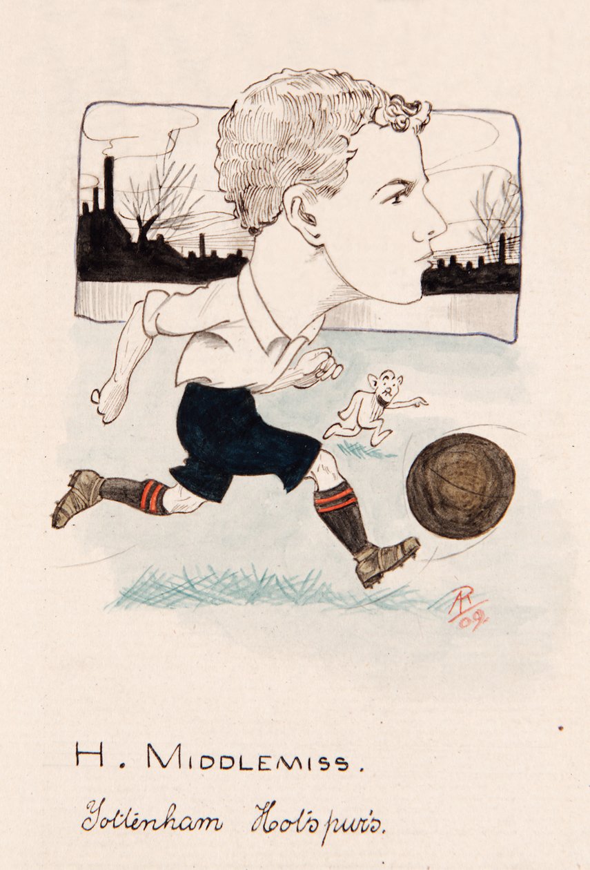 Bert Middlemiss, Tottenham Hotspur, tegning for et sett med sigarettkort, 1907 (penn og blekk på kort) av Rip