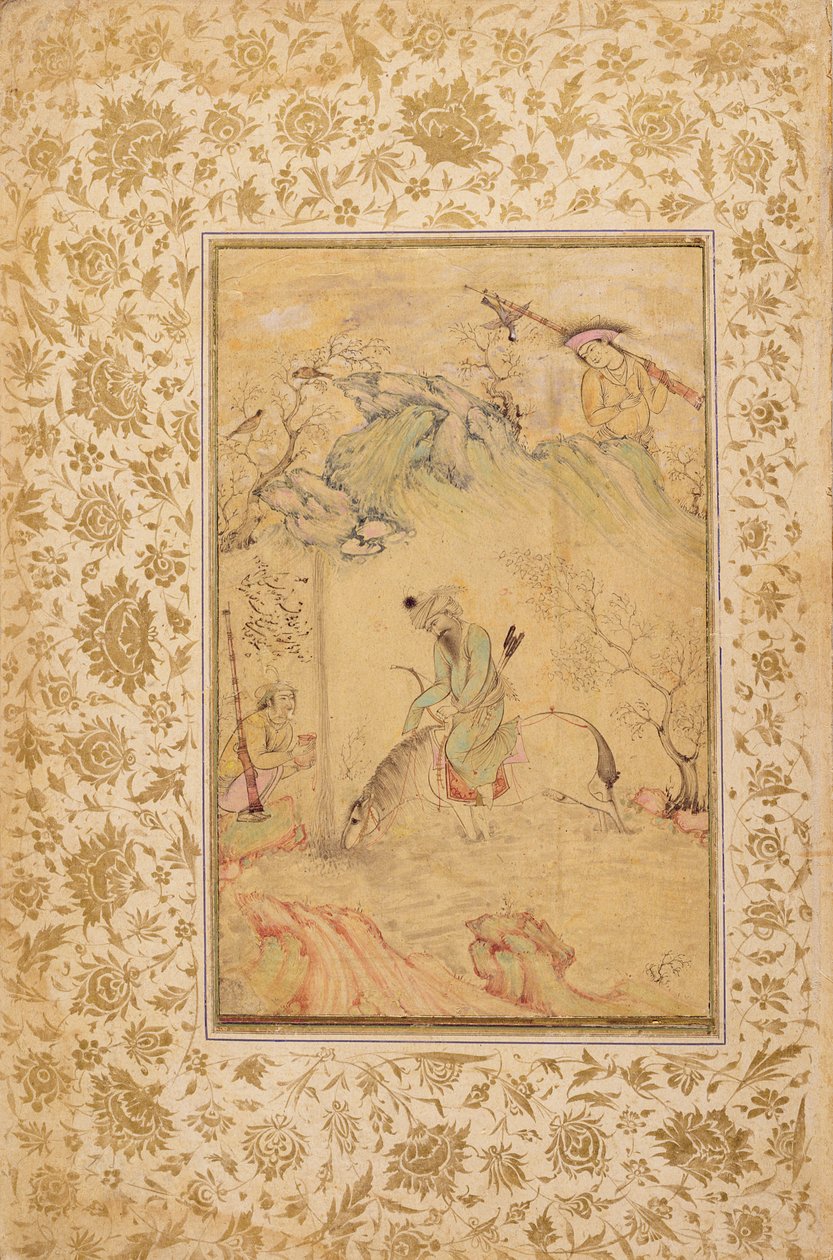 Hunters in a Landscape, ca. 1615 (blekk, wc og gull på papir) av Riza i Abbasi