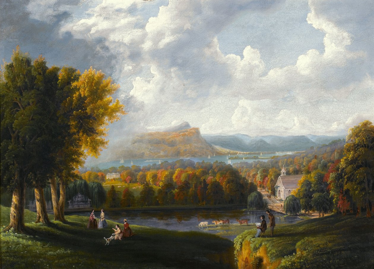 Utsikt over Hudson -elven fra Tarrytown, Old Dutch Church, Beekman Manor House av Robert the Younger Havell
