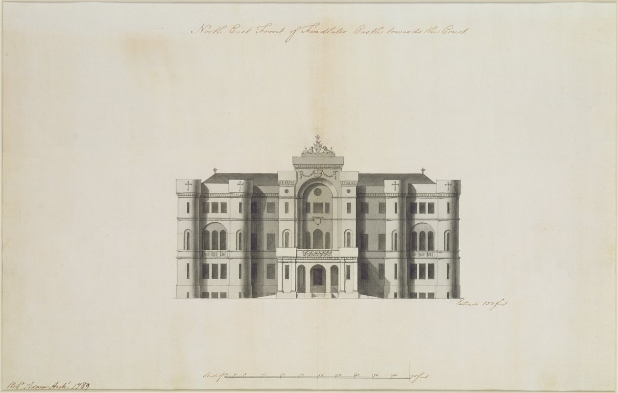 Et uutført design for North East Front of Findlater Castle, for Earl of Seafield, 1789 (blekk og vask på papir) (se også 273035) av Robert Adam