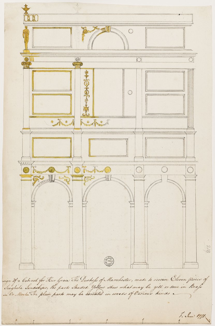 Design for Kimbolton-skapet (penn og blekk med wc på papir) av Robert Adam