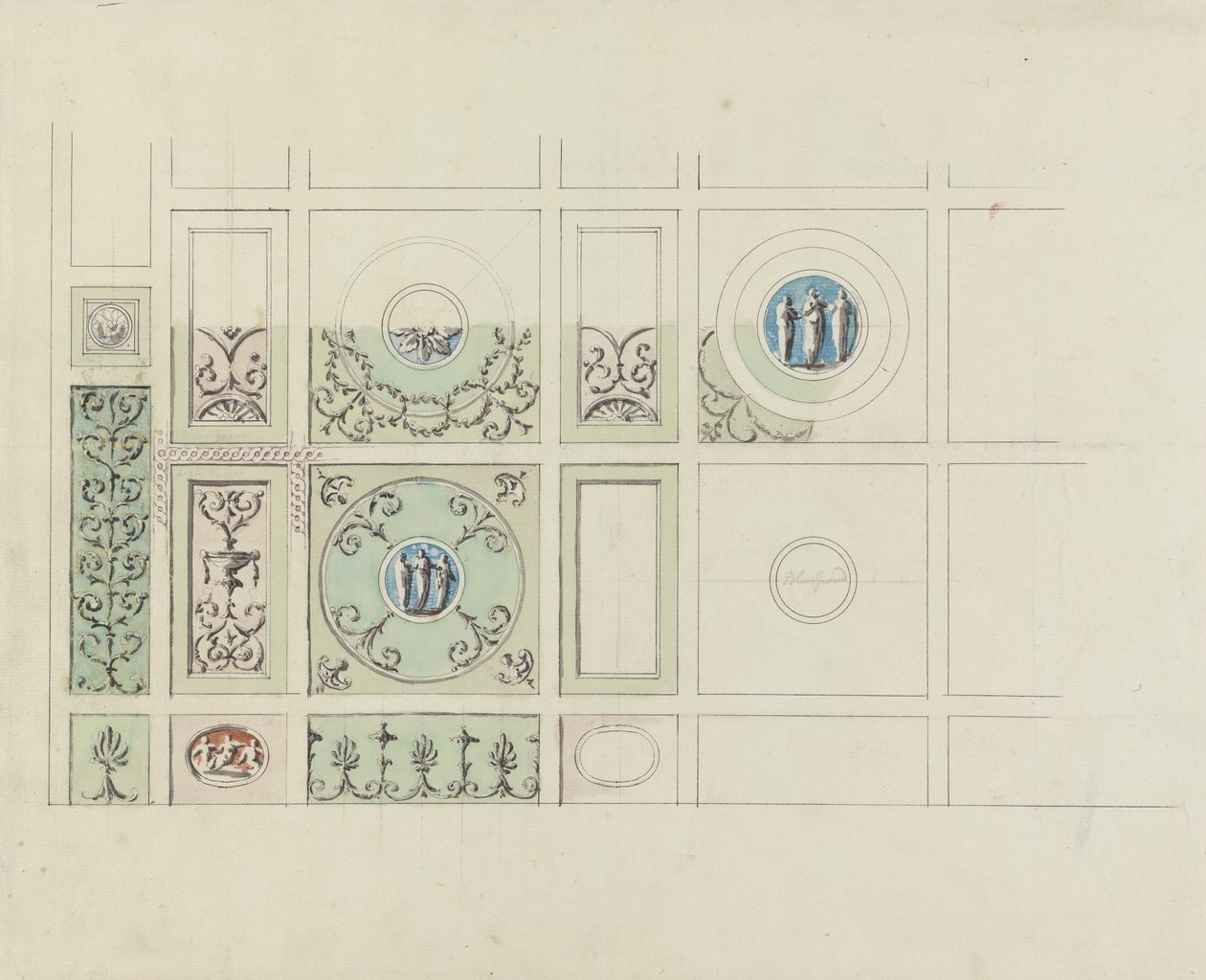 Design for taket i spisestuen, Headfort House (wc, grå vask og penn og svart blekk over grafitt på papir) av Robert Adam