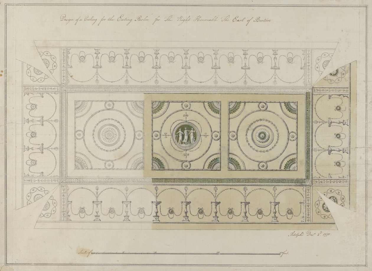 Design for taket i spisestuen, Headfort House, 1775 (penn og blekk med wc på lagt papir) av Robert Adam