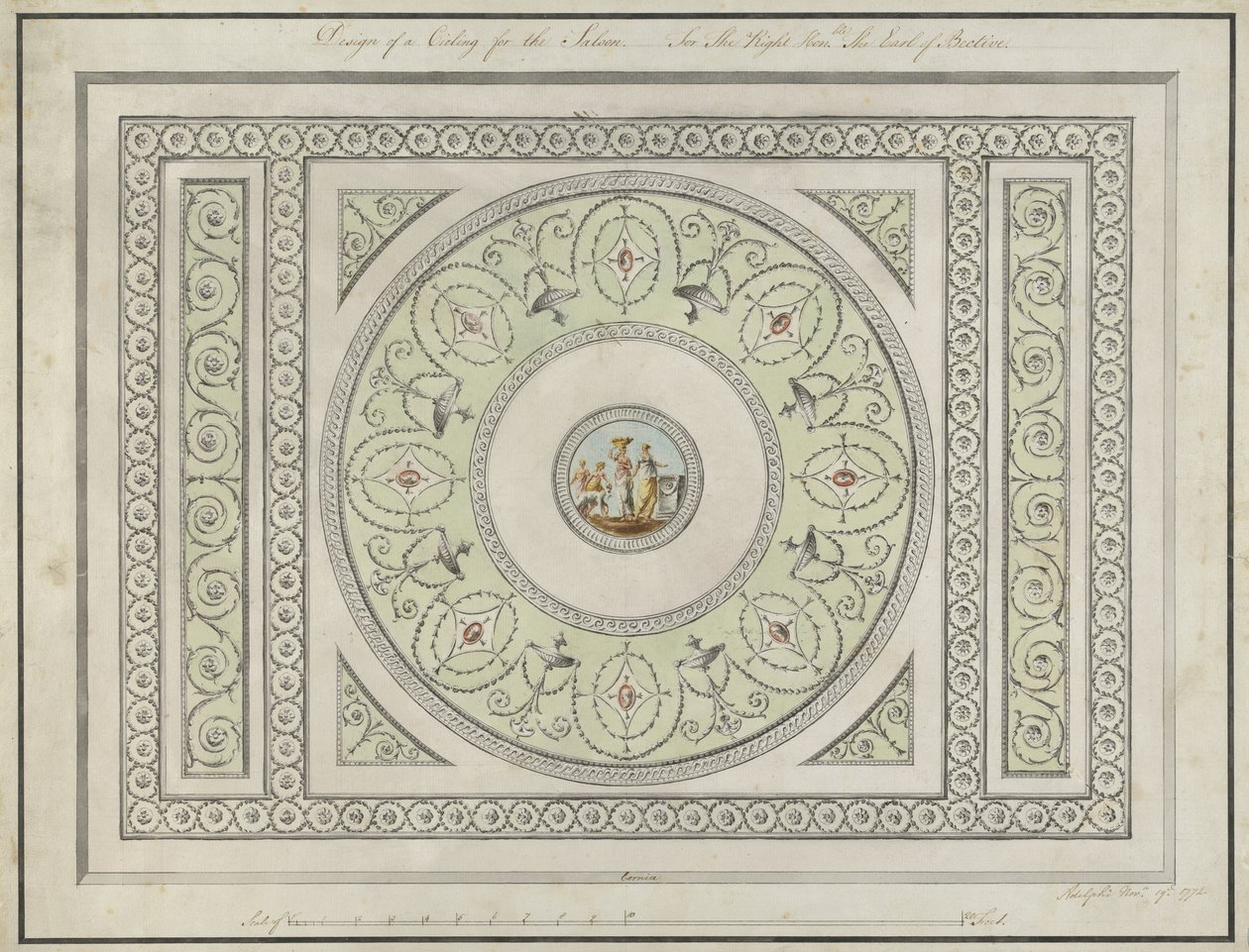 Design for taket til salongen, Headfort House, 1772 (penn, svart & brunt blekk & wc på lagt papir) av Robert Adam