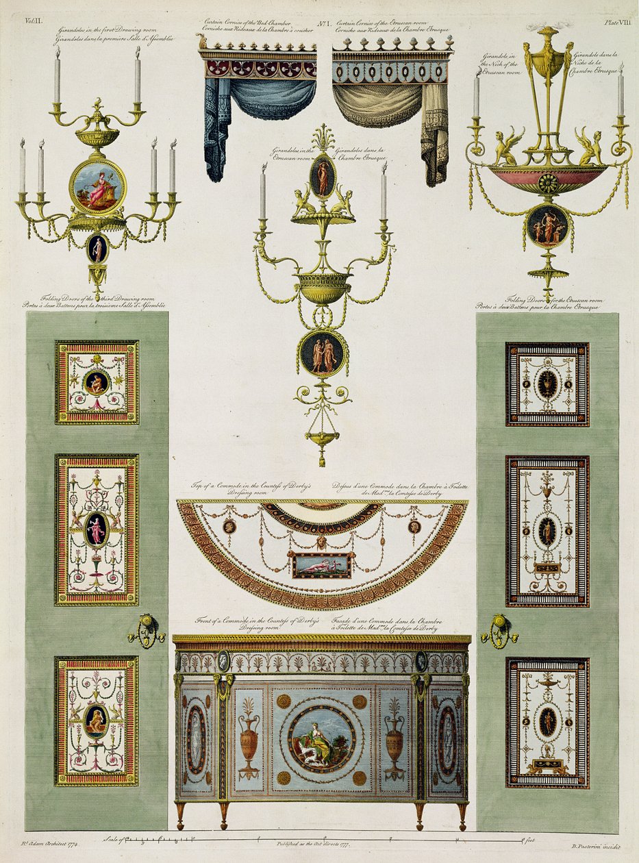 Design for gardingesimser, girandoler og foldedører, 1774 (trykk) (for detaljer se 61958) av Robert Adam