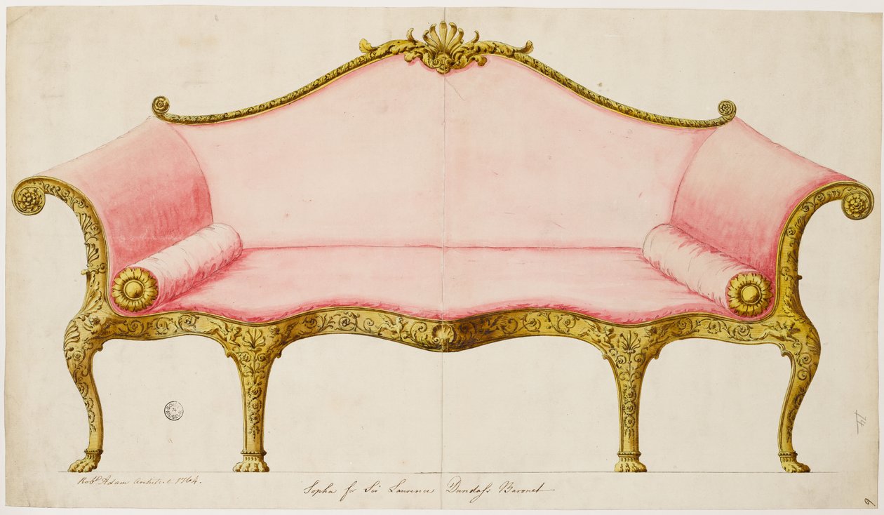 Ferdig tegning for en sofa til salongen, som utført, 1764 (penn og blekk med vask på papir) av Robert Adam