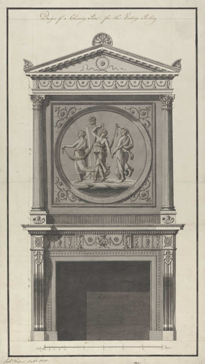 Headfort House. Eating Parlor, Chimney Piece, 1771 (penn og blekk og vask på papir) av Robert Adam