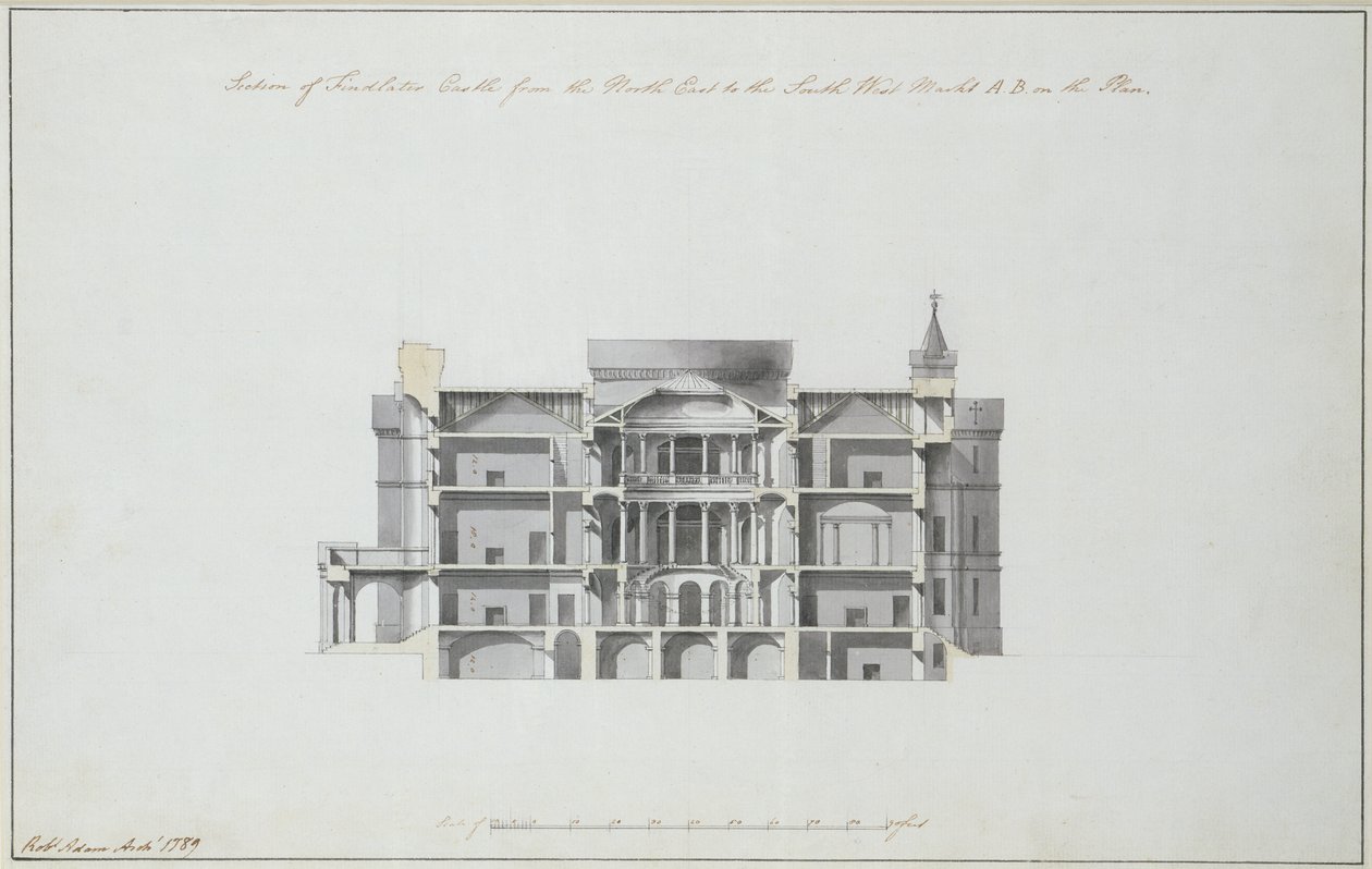 Seksjon av Findlater Castle fra nordøst til sørvest, 1789 (blekk og vask på papir) (se også 273034) av Robert Adam