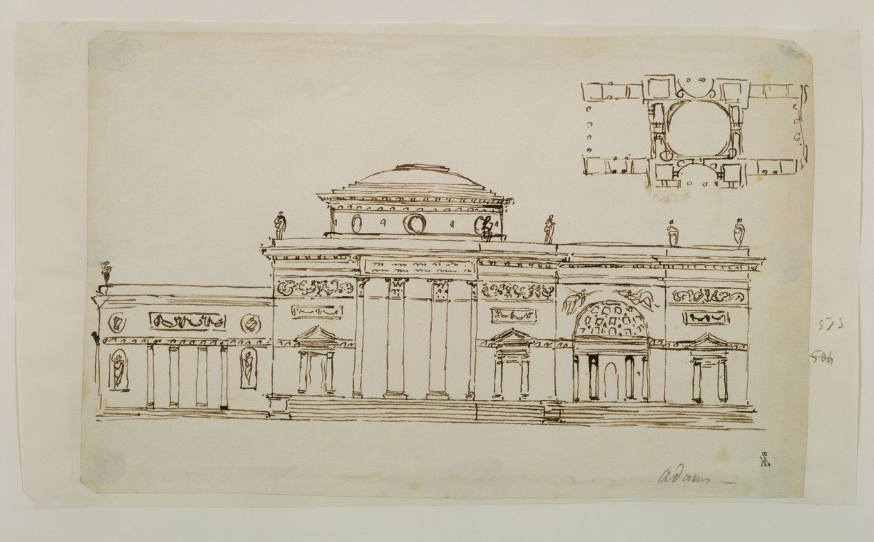 Skissert design for en kuppelbygning (penn og blekk) av Robert Adam