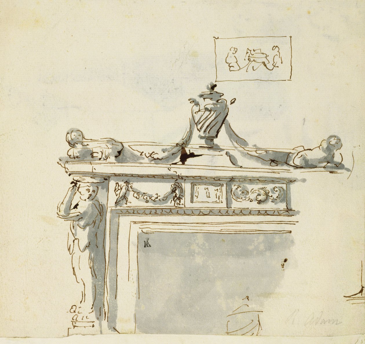 Skissert design for en peis (penn og blekk og vask) av Robert Adam