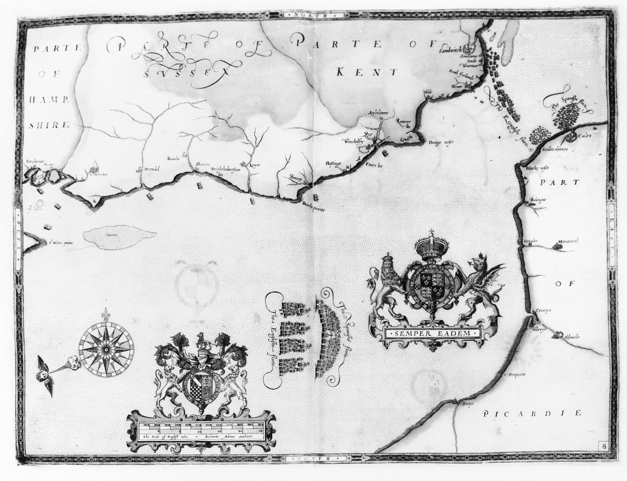 Kart nr. 8 som viser ruten til Armada-flåten, gravert av Augustine Ryther, 1588 av Robert Adams