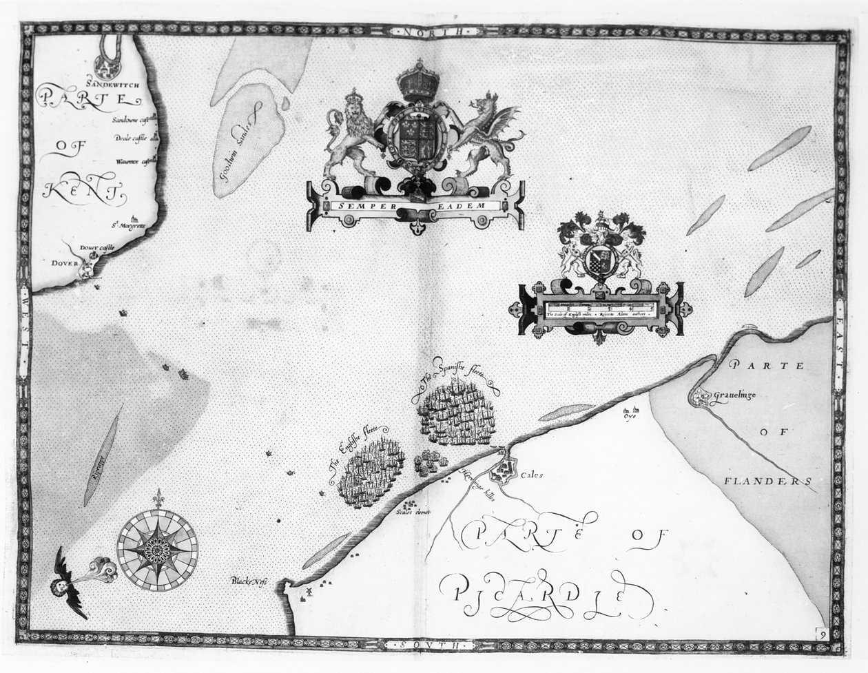 Kart nr. 9 som viser ruten til Armada-flåten, gravert av Augustine Ryther, 1588 av Robert Adams