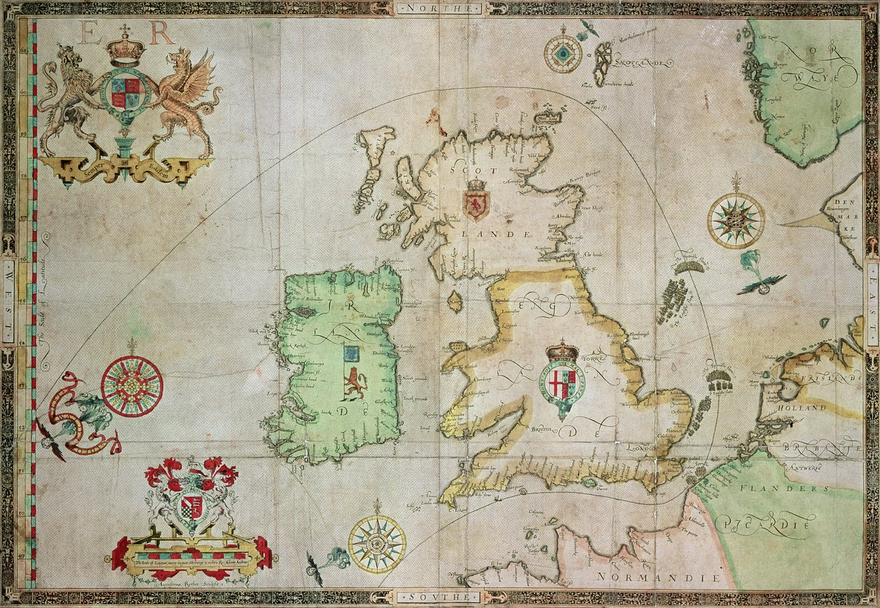 Kart som viser ruten til Armada-flåten, gravert av Augustine Ryther, 1588 (se 133339 for bw) av Robert Adams
