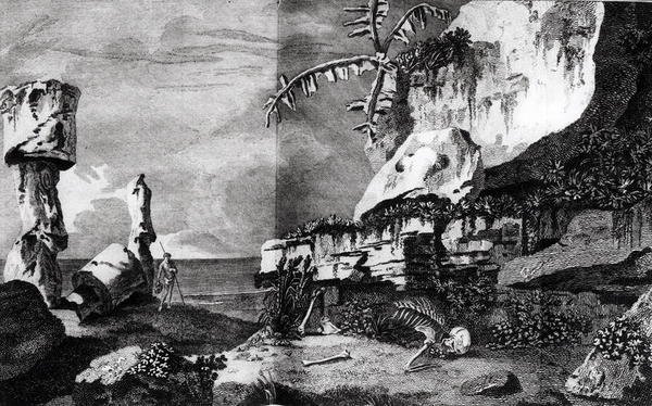 Monumenter på Påskeøya, fra Voyages of Captain Cook, 1774 av Robert Benard