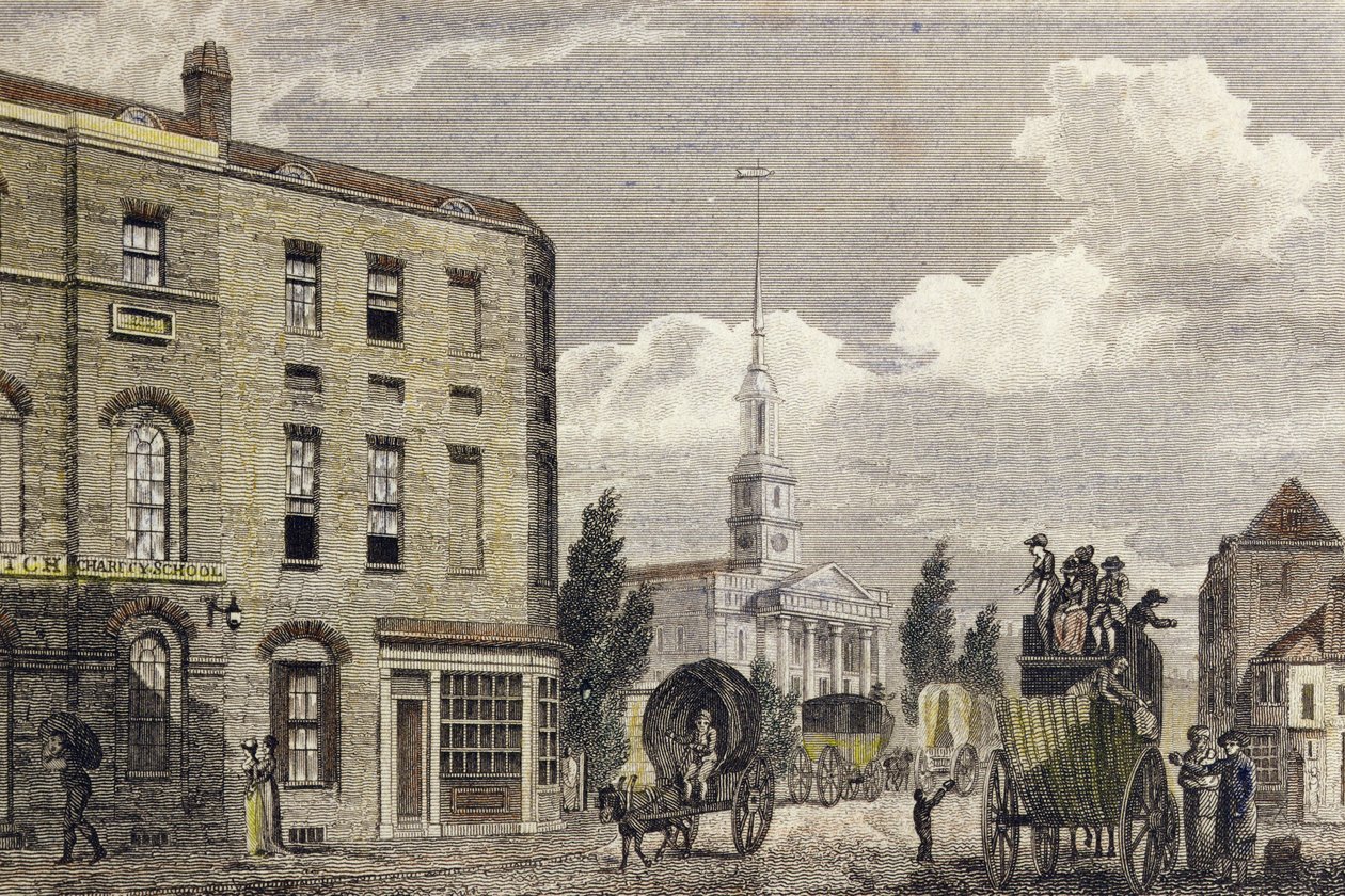 Inngang til London ved Shoreditch Church, 1810 (fargegravering) av Robert Blemell Schnebbelie