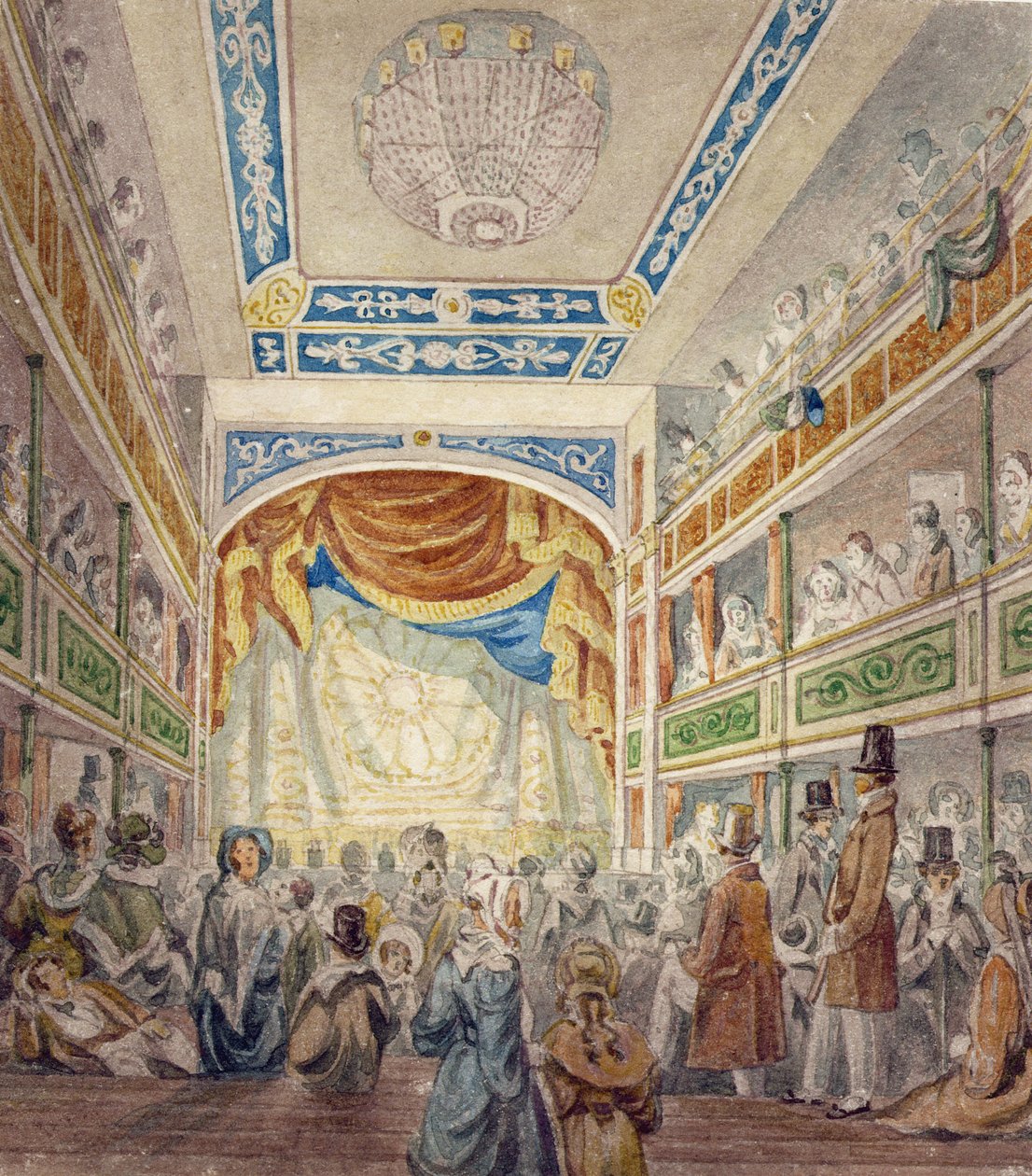 Interiøret til Standard Theatre, Shoreditch, ca. 1840 av Robert Blemell Schnebbelie