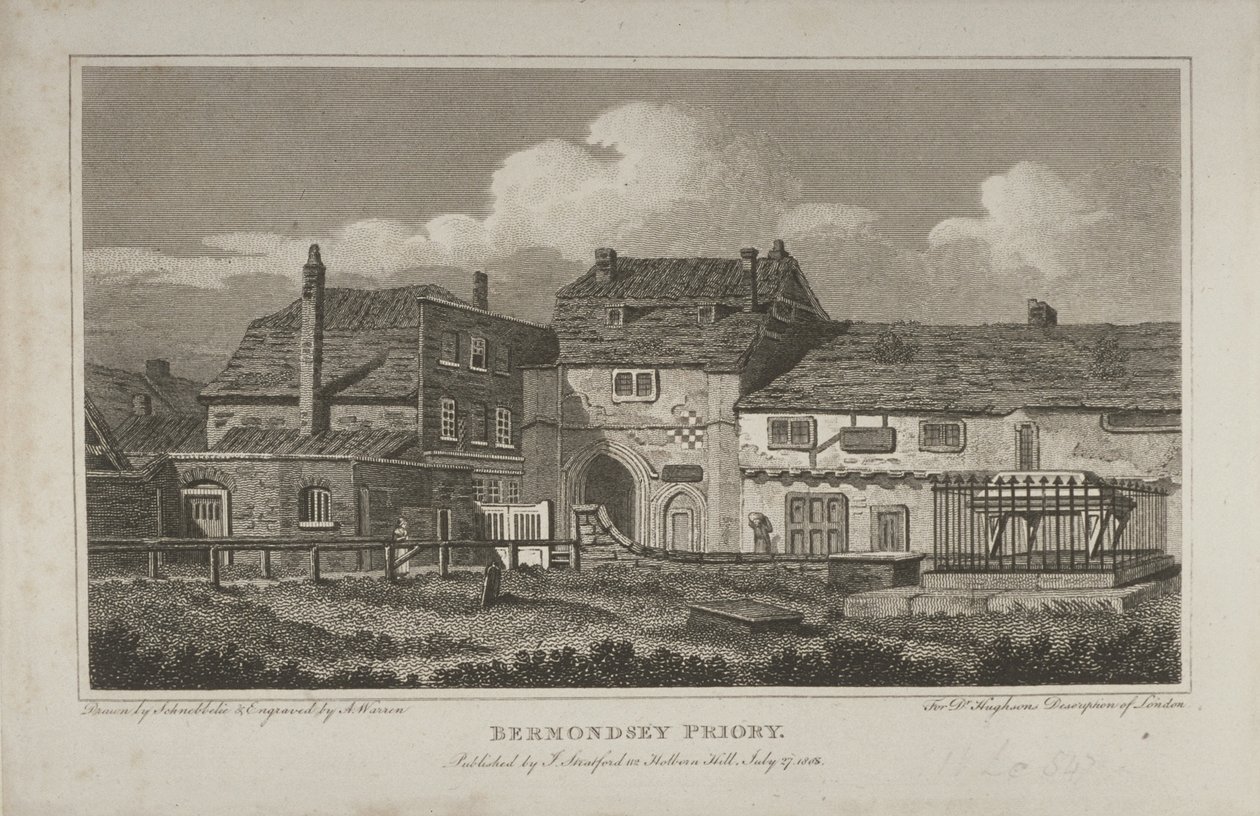 Utsikt over Abbey of St Saviour, Bermondsey, 1805 av Robert Blemell Schnebbelie