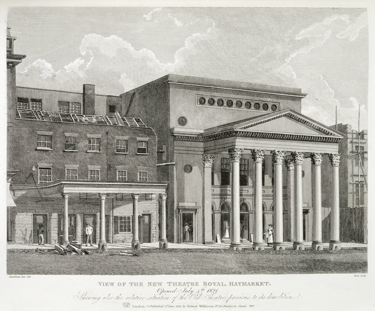 Utsikt over New Theatre Royal, Haymarket, i London, åpnet 4. juli 1821, og viser også den relative situasjonen til det gamle teateret før rivingen, gravert av Dale, 1822 av Robert Blemell after Schnebbelie