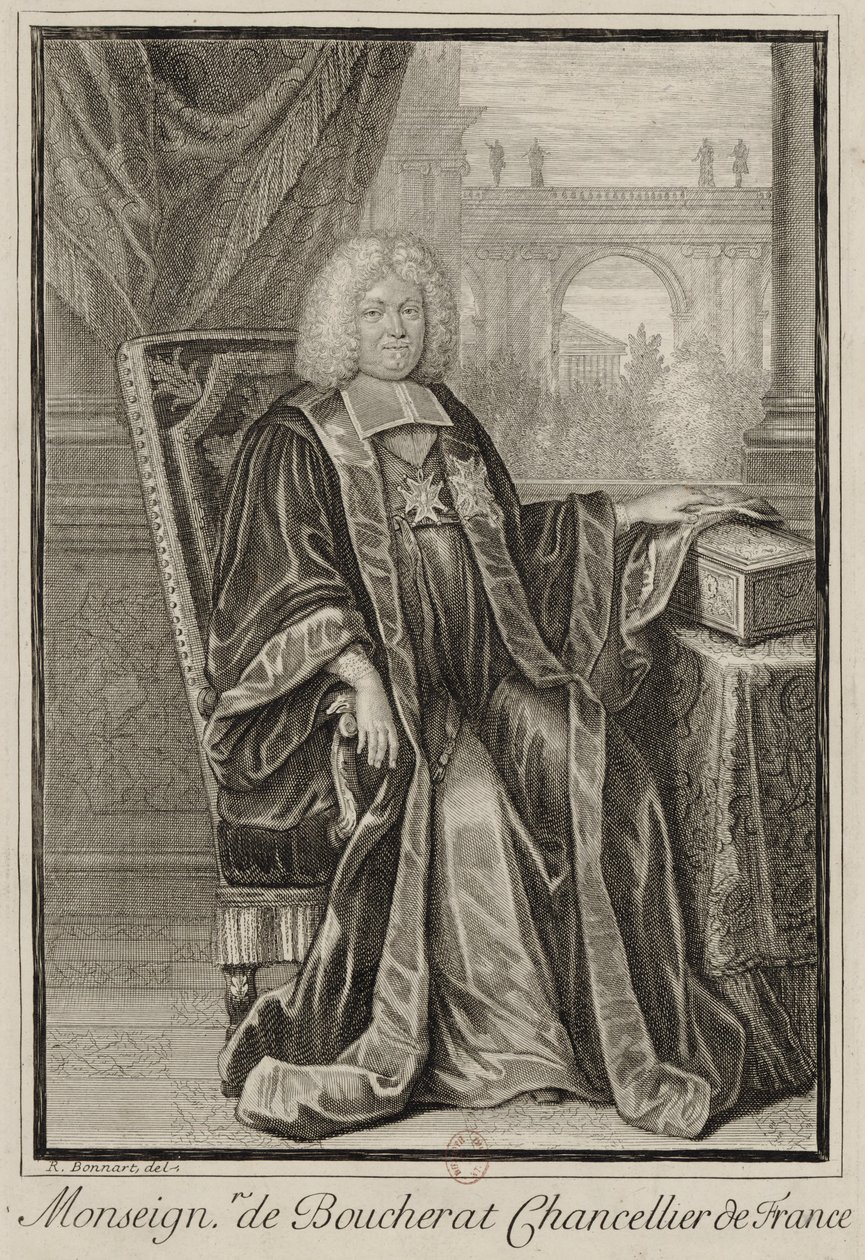 Portrett av Louis Boucherat i kanslerens kappe, hånden hviler på kisten til selene i Frankrike av Robert Bonnart