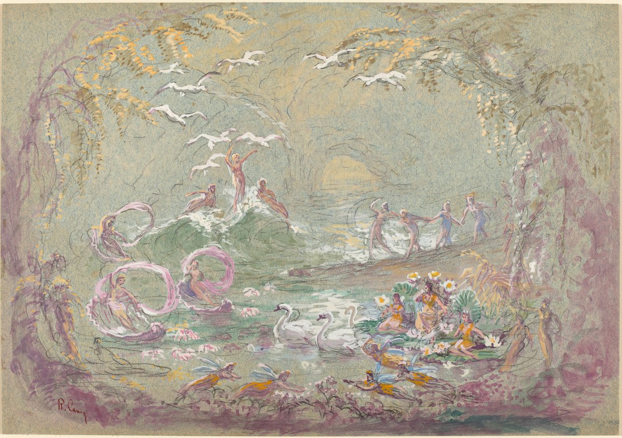 Lake Scene with Fairies and Swans (akvarell og gouache over svart kritt på blågrønn tavle av Robert Caney