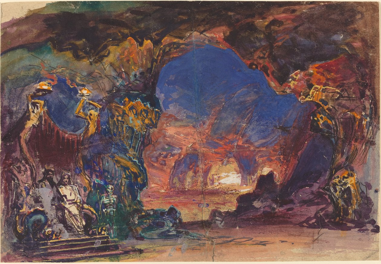 Underverden scene med en mann og kvinne tronet og dødsvakt (wc og gouache med penn og svart blekk på vevd papir) av Robert Caney