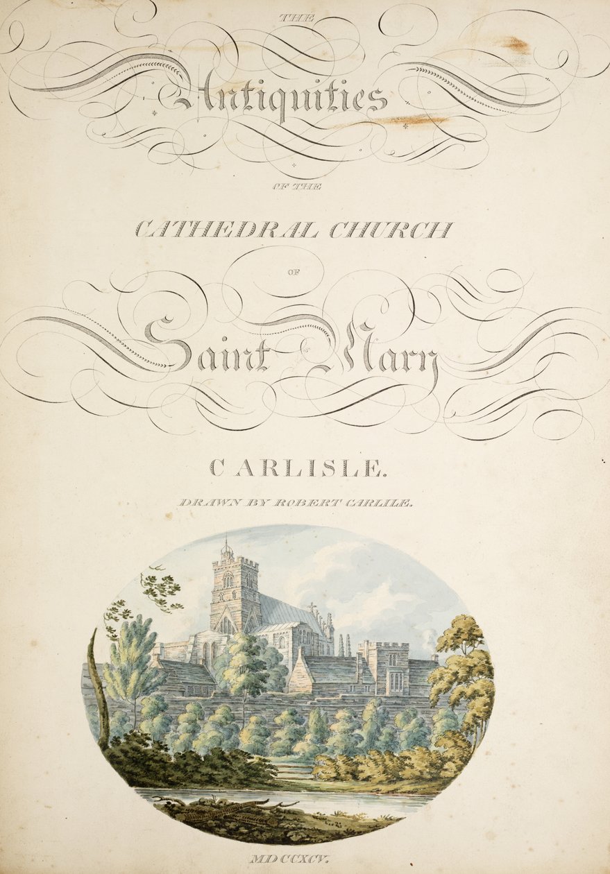 Ms. New Coll 380, f1r. Antikvitetene til Cathedral Church of Saint Mary, Carlisle, tegnet av Robert Carlile, 1795 (gravering und wc på papir) av Robert Carlile