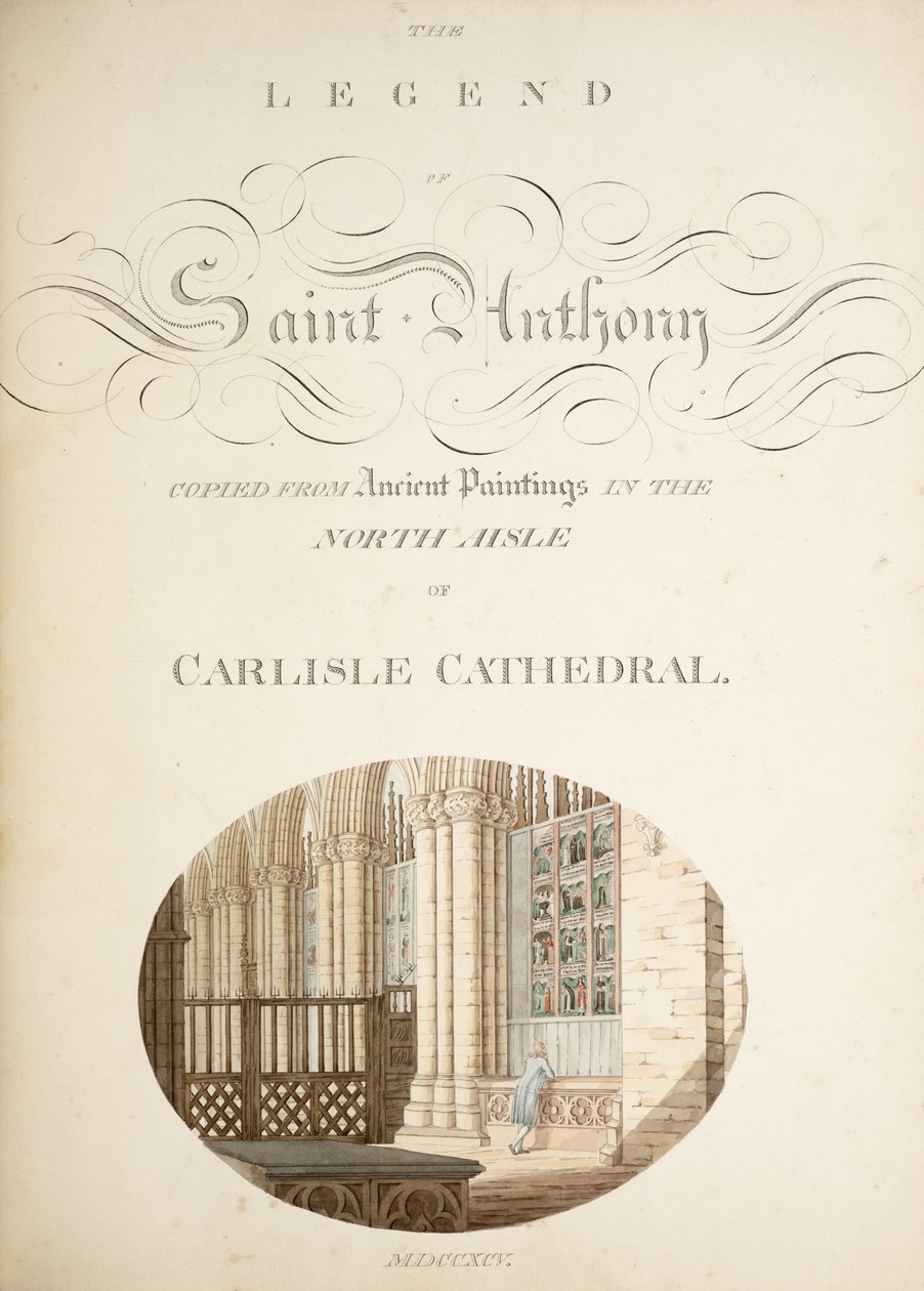 Ms. New Coll 380, f32r. Antikvitetene til Cathedral Church of Saint Mary, Carlisle, tegnet av Robert Carlile, 1795 (penn og blekk og wc på papir) av Robert Carlile