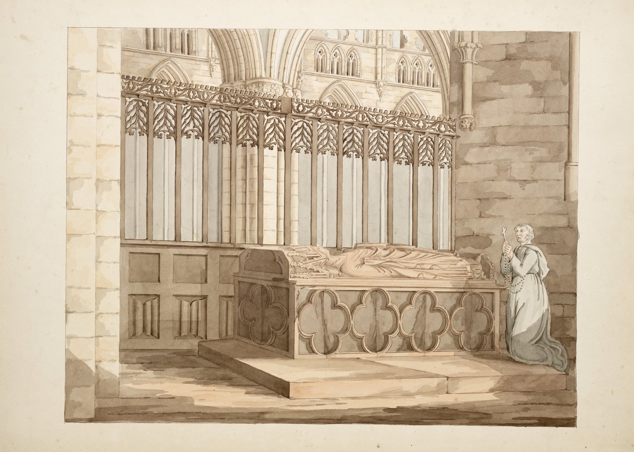 Ms. New Coll 380, f7r. Antikvitetene til Cathedral Church of Saint Mary, Carlisle, tegnet av Robert Carlile, 1795 (penn og blekk og wc på papir) av Robert Carlile