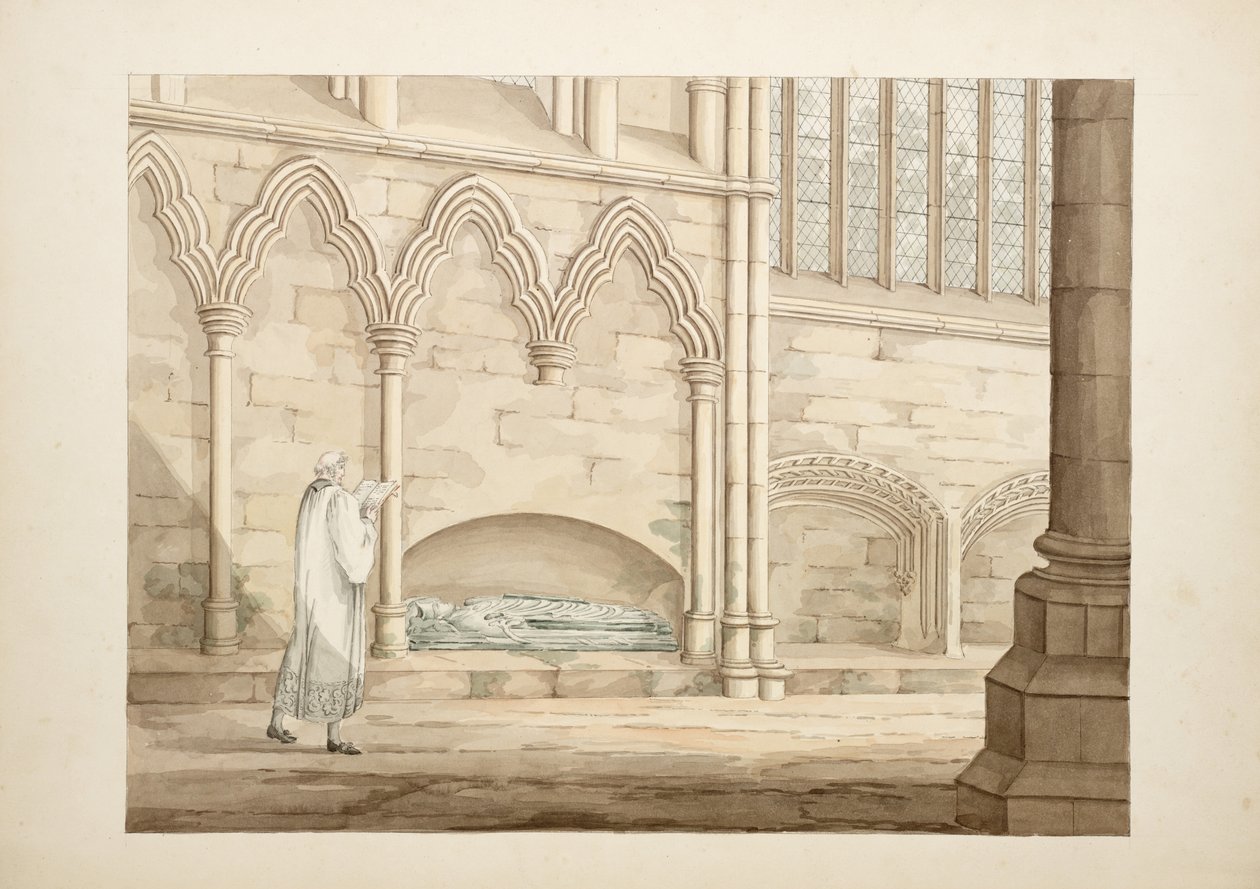 Ms. New Coll 380, f8r. Antikvitetene til Cathedral Church of Saint Mary, Carlisle, tegnet av Robert Carlile, 1795 (penn og blekk og wc på papir) av Robert Carlile
