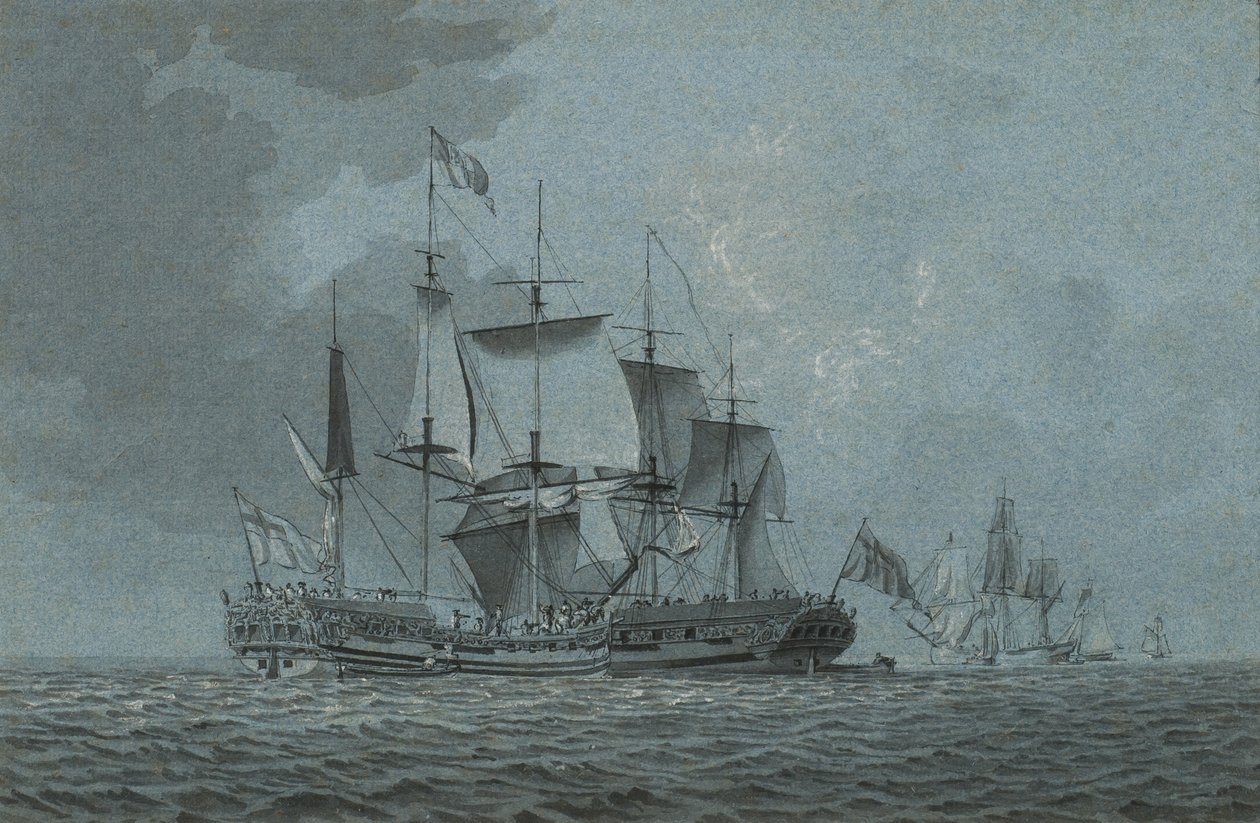 En admiralitetsyacht som kommer sammen med en mann-o-krig som må vente på hennes ankomst, med andre fartøyer bortenfor (penn og blekk forsterket med hvitt kritt på papir) av Robert Cleveley