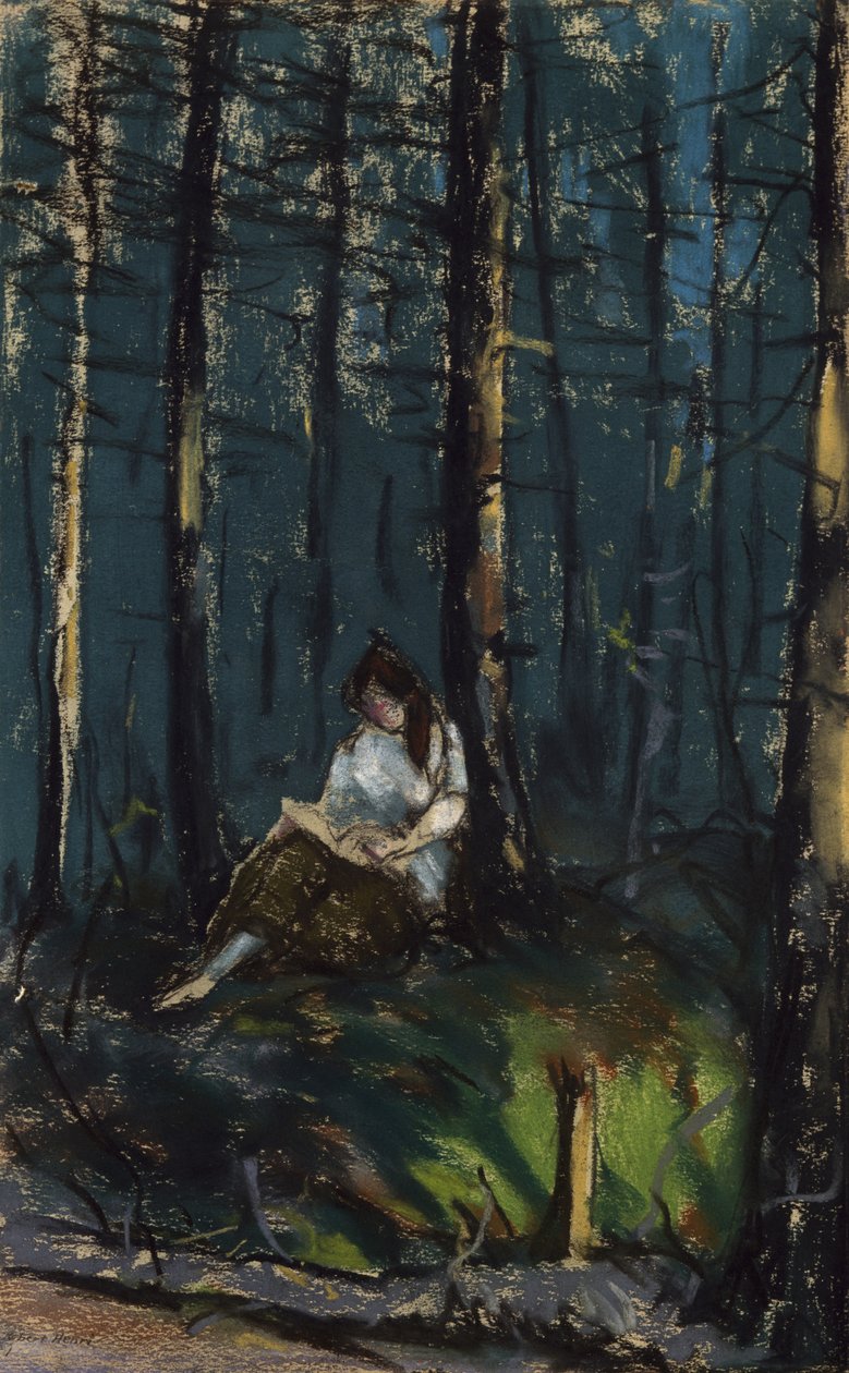 Leseren i skogen, 1918 (pastell på vevd papir) av Robert Cozad Henri
