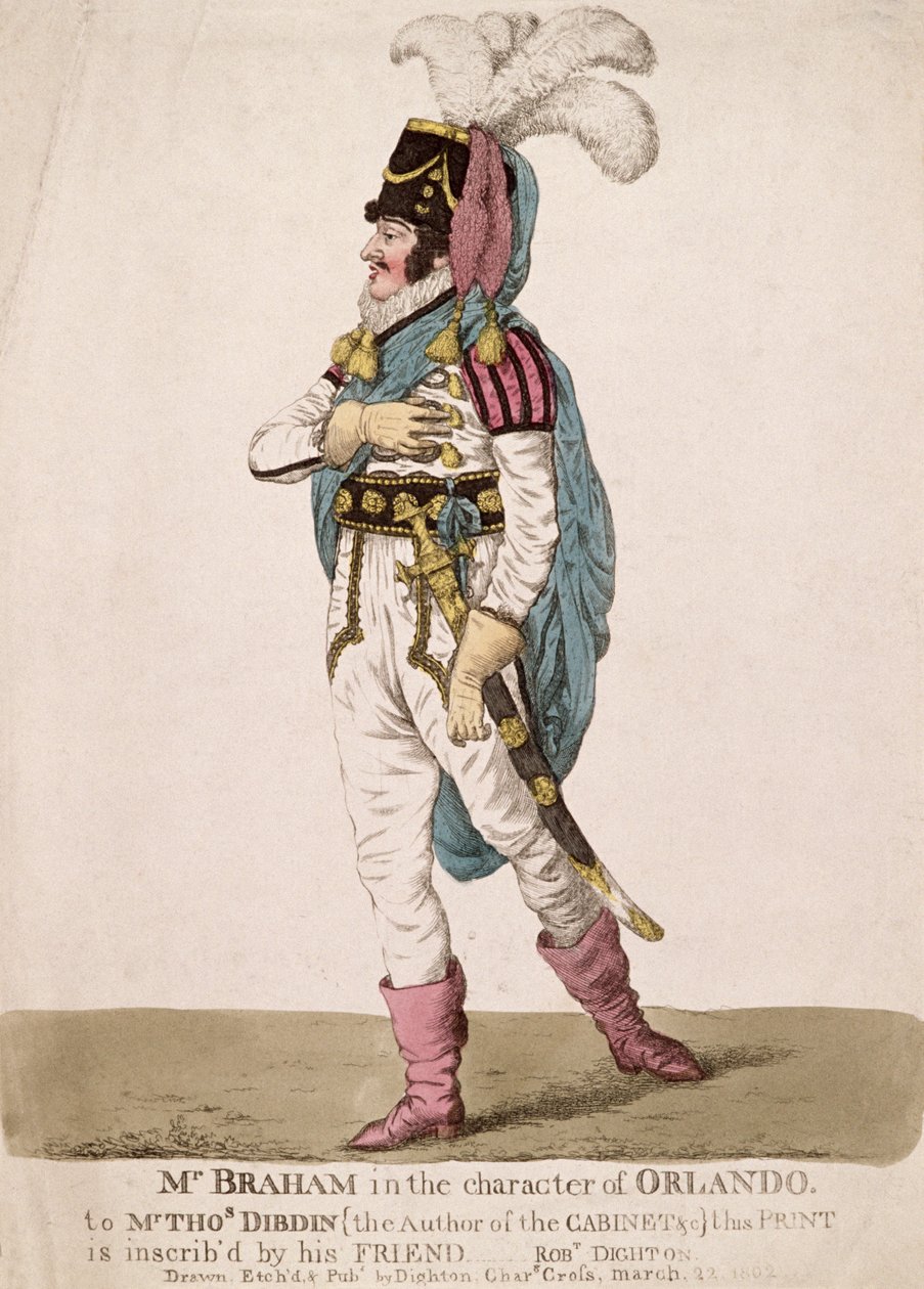 Mr. Braham i karakteren til Orlando fra Shakespeares "As You Like It", pub. 1802 av Robert Dighton