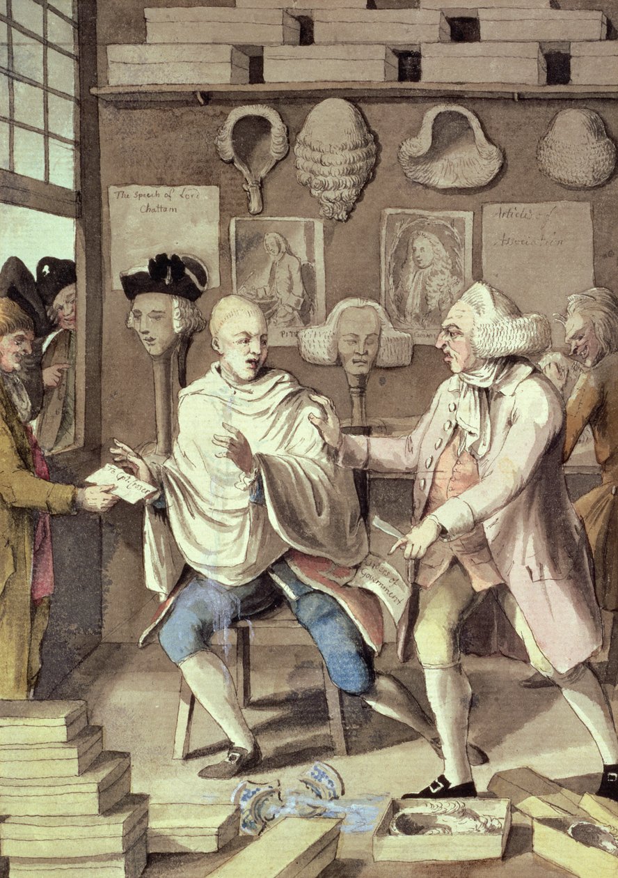 The Patriotick Barber of New York, eller Captain of the Suds, 1700-tallet (wc, penn og blekk på papir) av Robert Dighton