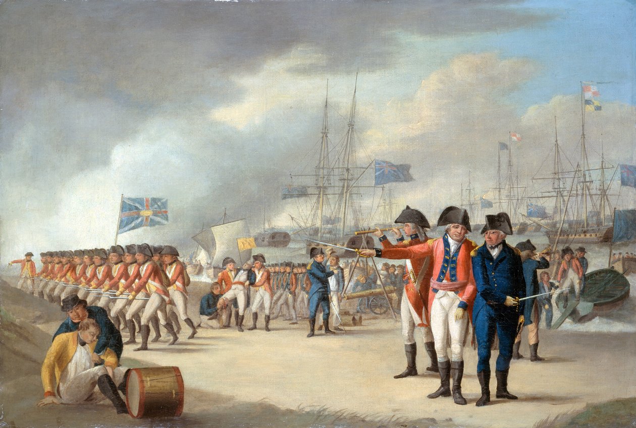 Landing av britiske tropper under Sir Ralph Abercromby (1734-1801) på øya Texel, Holland, 27. august 1799, ca. 1799 av Robert Dodd