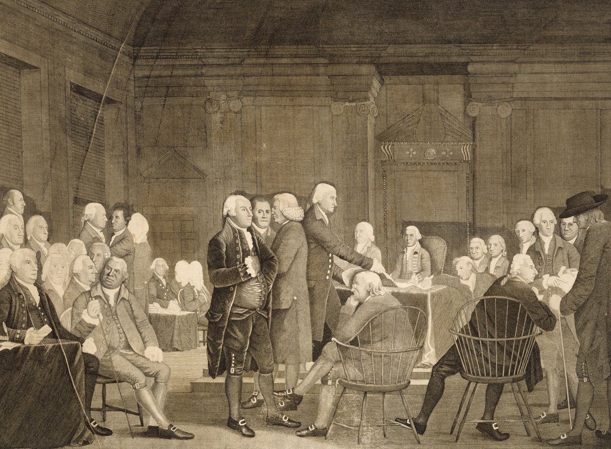 Kongressens stemmeuavhengighet, ca. 1795 (stippgravering på lagt papir) av Robert Edge Pine