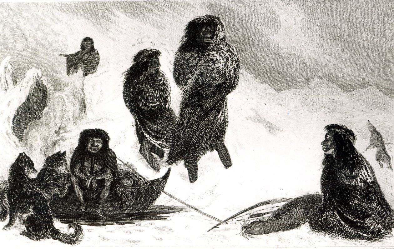 Fuegians skal handle i Zapallos med patagonierne, gravert av T.Lanseer 1838 av Robert Fitzroy