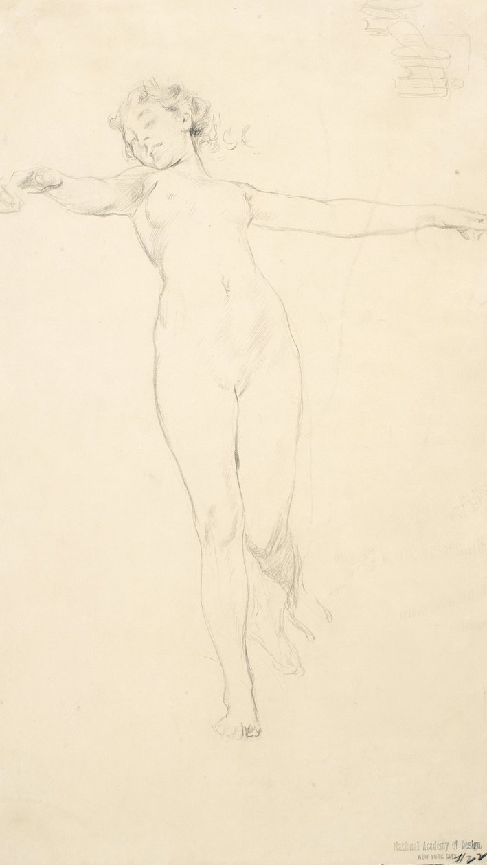 Skisse av stående kvinnelig naken, muligens for Moods to Music-veggmaleri, 1893-95 (grafitt på brunfarget papir) av Robert Frederick Blum