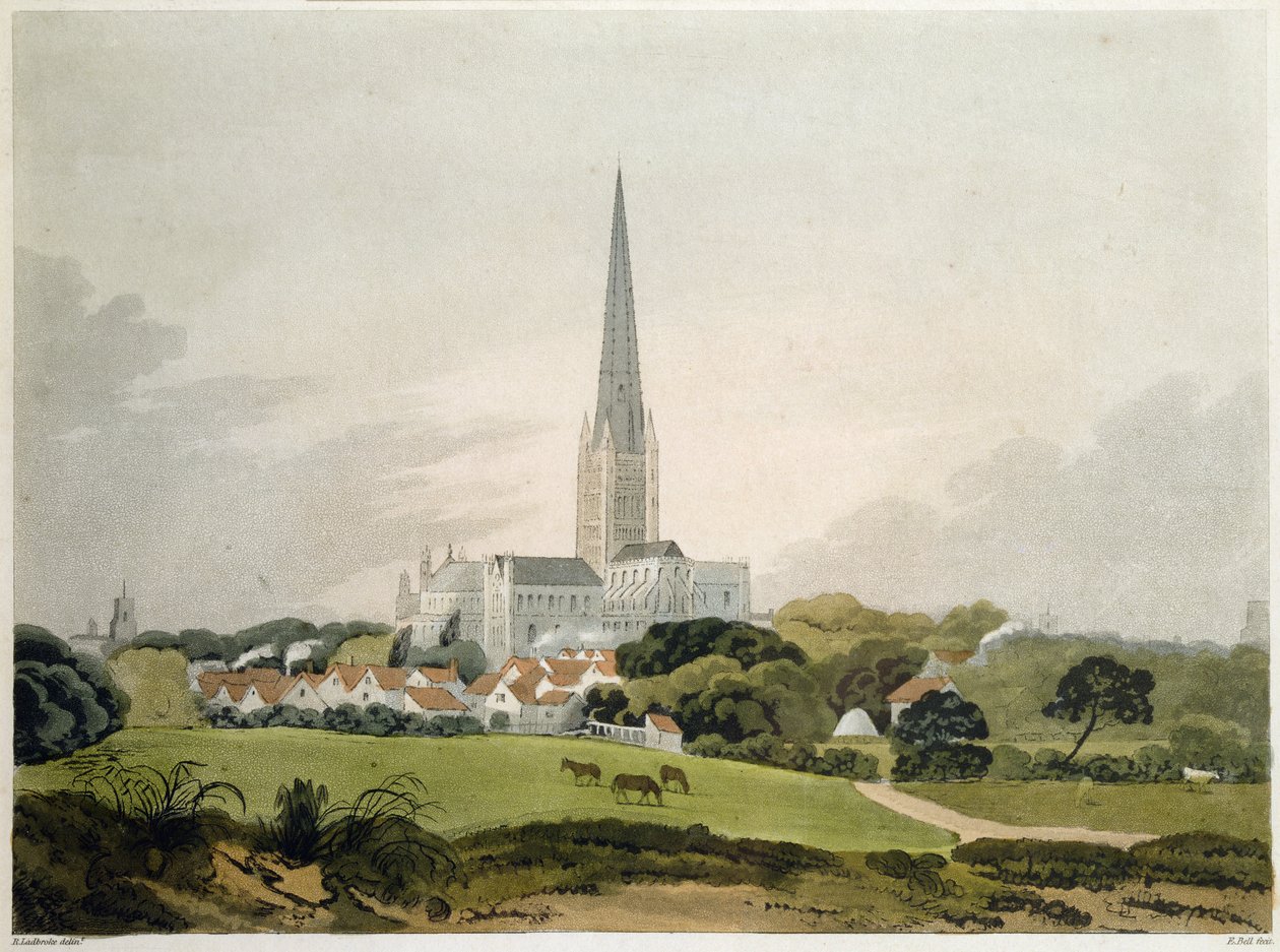 Norwich Cathedral, 1802, gravert av Edward Bell (fl.1794-1847) (trykk) av Robert Ladbrooke