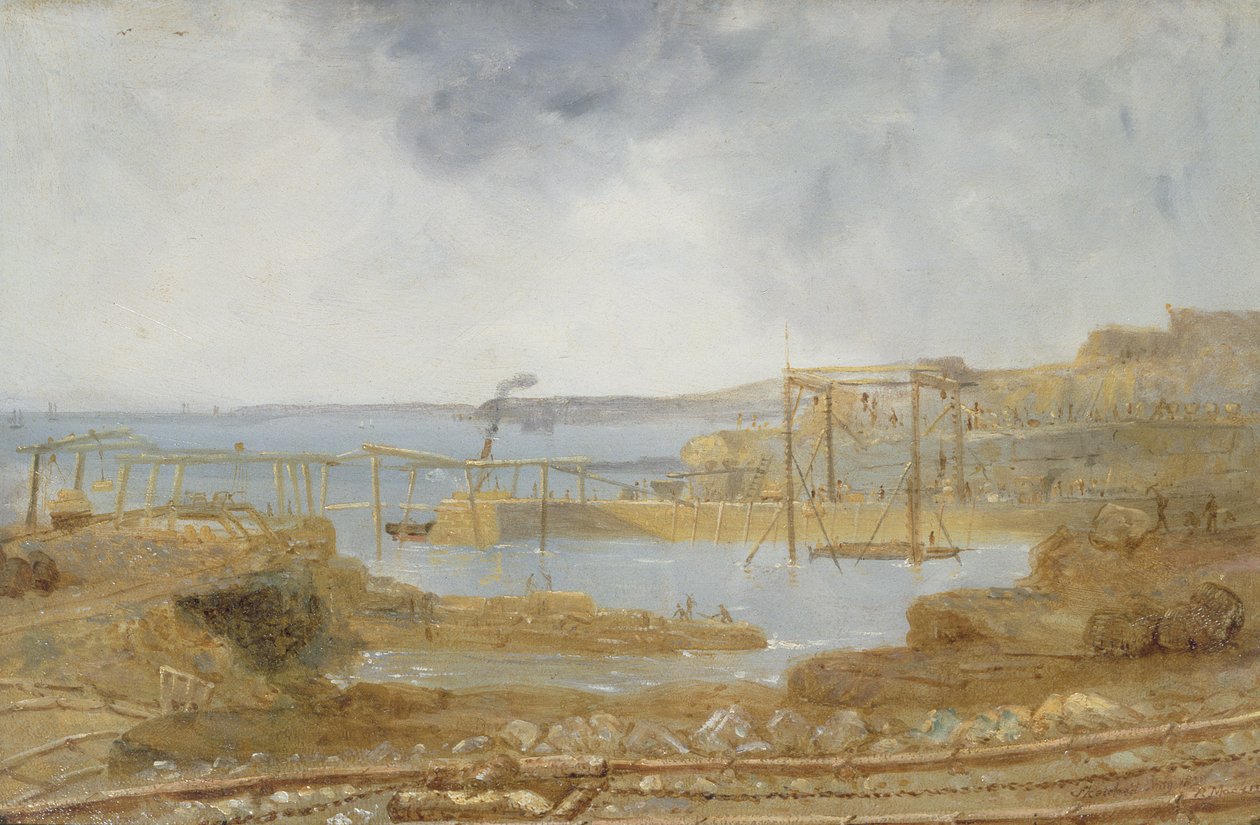Skisse av indre havn, en midlertidig kran, mai 1829 av Robert Mackreth