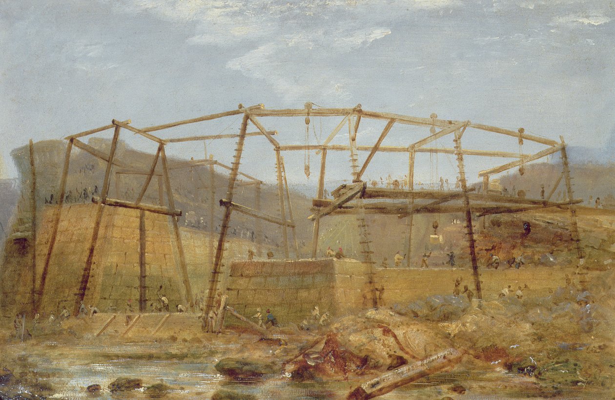 Spur Points of Piers of Inner Harbour, med Cofferdam, mai 1829 av Robert Mackreth