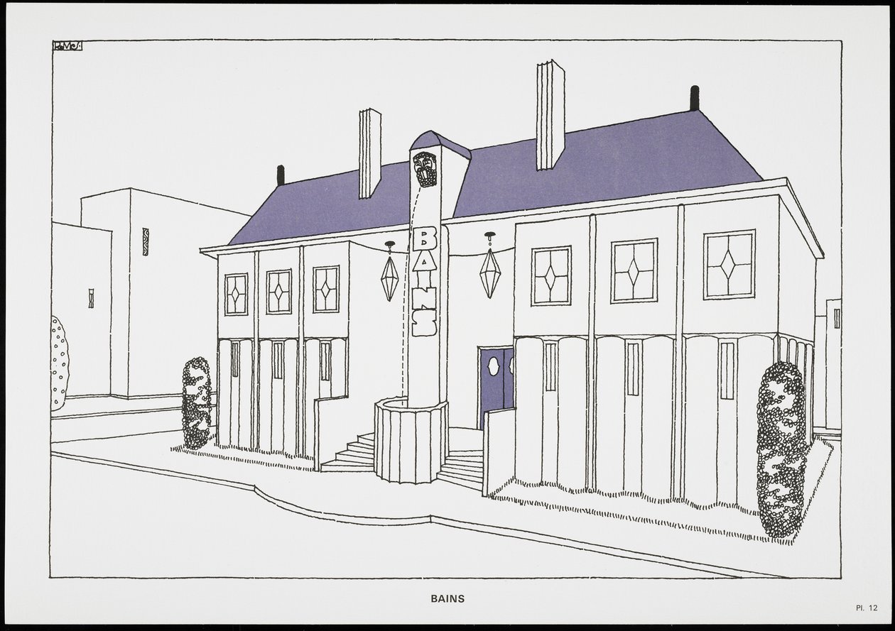 Bains, fra Une Cite Moderne, Tegninger av Rob Mallet-Stevens Architecte, 1987 (publisert) av Robert Mallet Stevens