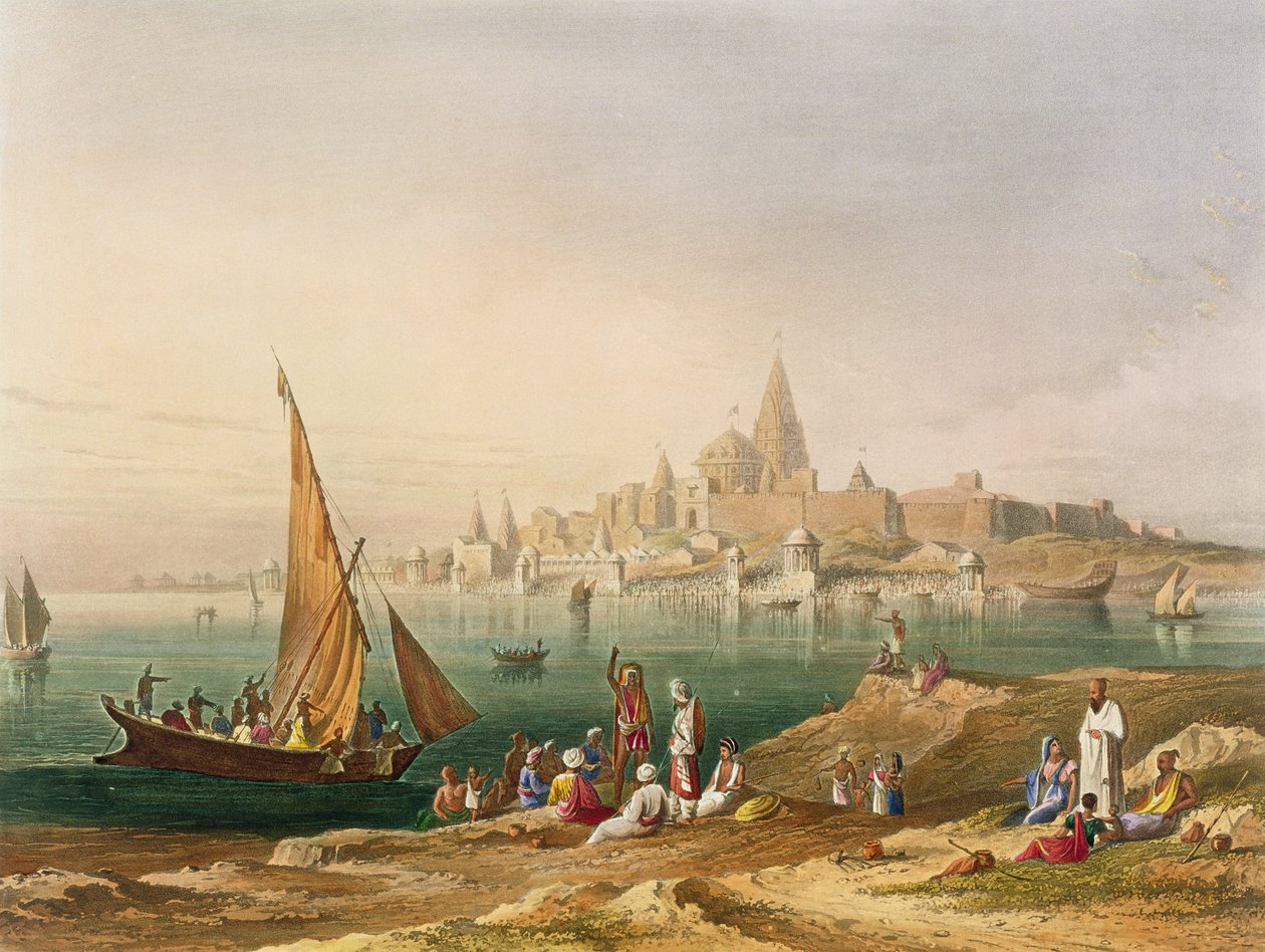 The Sacred Town and Temples of Dwarka, fra bind II av 'Scenery, Costumes and Architecture of India', tegnet av William Purser (ca. 1790-1852) og gravert av RG Reeve (fl.1811-37) pub. av Smith, Eld av Robert Melville Grindlay