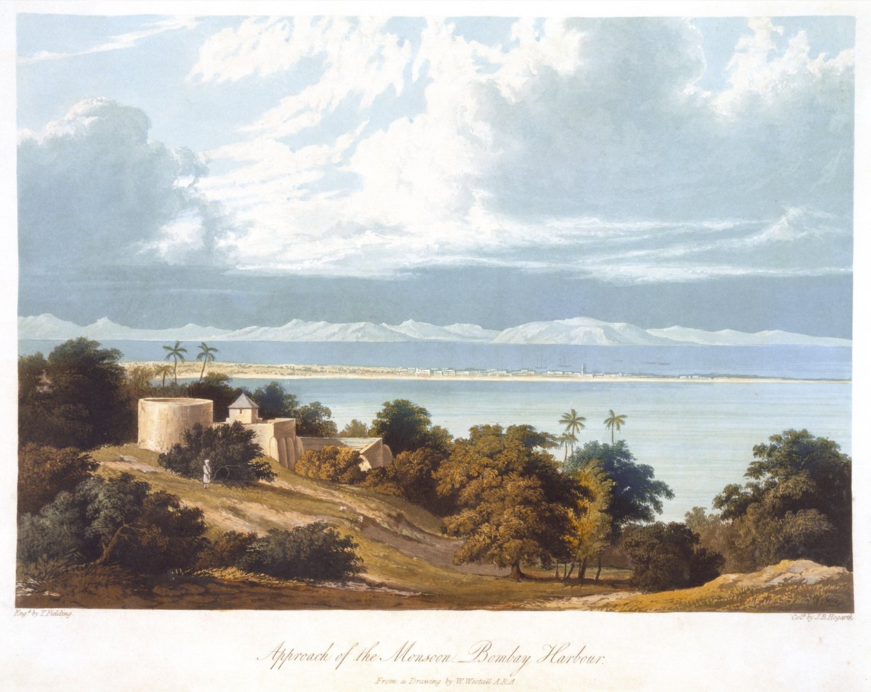 Approach of the Monsoon, Bombay Harbour, fra en tegning av William Westall (1781-1850) fra Scenery, Costumes and Architecture of India gravert av T. Fielding, fargelagt av JB Hogarth, publisert 182 av Robert Melville after Grindlay
