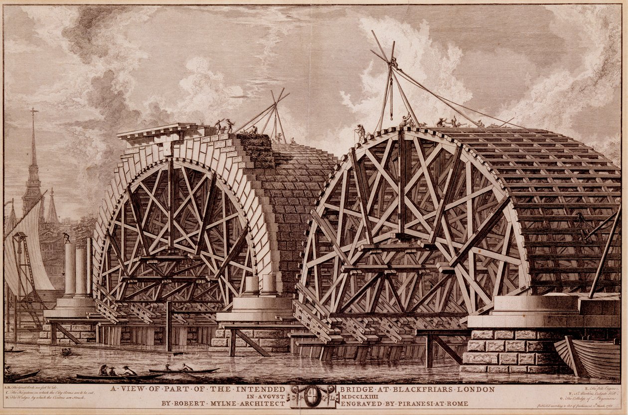 En utsikt over en del av den tiltenkte broen ved Blackfriars London, trykk laget av Piranesi, 1764 av Robert Milne