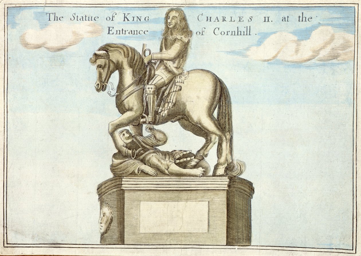 Statue av kong Charles II (1630-85) ved inngangen til Cornhill, fra A Book of the Prospects of the Remarkable Places in and About the City of London, ca. 1700 av Robert Morden