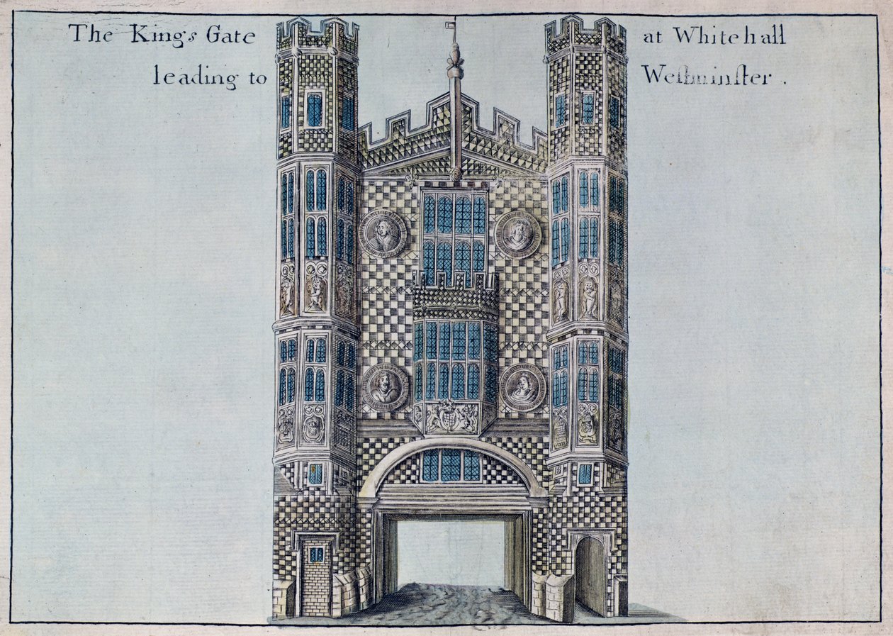 Whitehall: The Kings Gate Leading to Westminster, fra 'A Book of the Prospects of the Remarkable Places in and about the City of London', ca. 1700 av Robert Morden