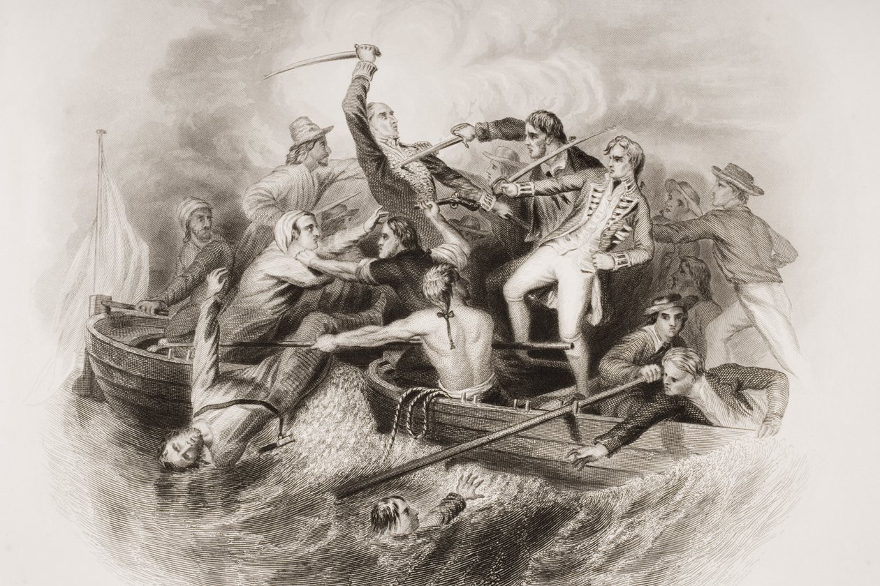 Desperate Encounter i pistol-båter mellom Nelson og Don Miguel Tyrason, illustrasjon fra 'England's Battles by Sea and Land' av Lieut. Oberst Williams, gravert av G. Greatbach av Robert Neal Hind