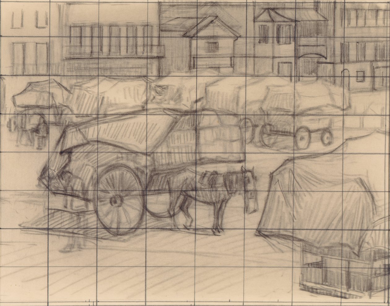 Hay Carts, Cumberland Market, ca. 1915 (fargestift på papir) av Robert Polhill Bevan